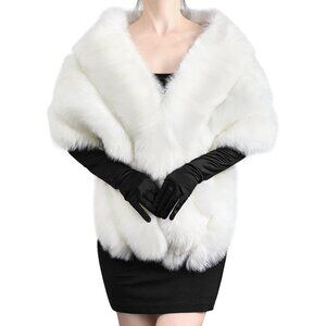 Winter Faux Fur Shawl and Satin Gloves Set for Women Dress Party Wedding